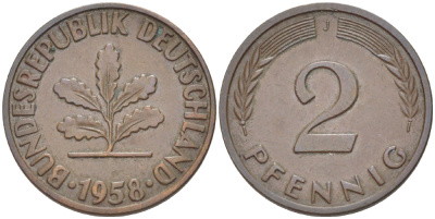 ФРГ 2 ПФЕННИГА 1958 J KM 106, J. 381 бронза 4181-719
