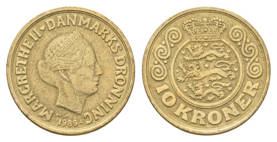Дания 10 крон 1989 NR, Маргрете II (1972-2024) KM 867 алюминиевая бронза 119-1246