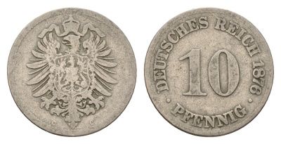 Германия 10 пфеннигов 1876 C, Вильгельм I (1871-1888) KM 4, J. 4 медно-никель 4636-539