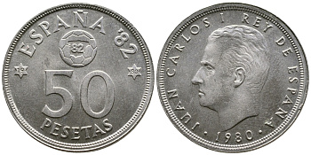 Испания 50 песет 1980 (80) Хуан Карлос, чемпионат мира по футболу в Испании 82 КМ 819 медно-никель UNC 4607-642