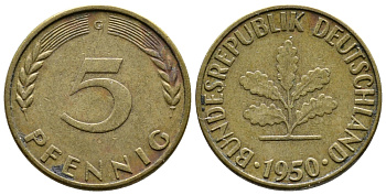 ФРГ 5 ПФЕННИГОВ 1950 G KM 107, J.382 сталь плакированная латунью 26-1111