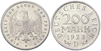 Германия 200 марок 1923 D KM 35 алюминий aUNC 31-854
