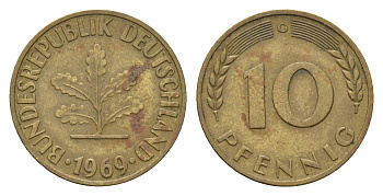ФРГ 10 пфеннигов 1969 G KM 108, J. 383 сталь плакированная латунью 4618-1156