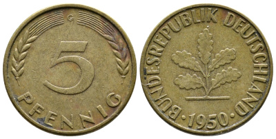 ФРГ 5 ПФЕННИГОВ 1950 G KM 107, J.382 сталь плакированная латунью 26-1111