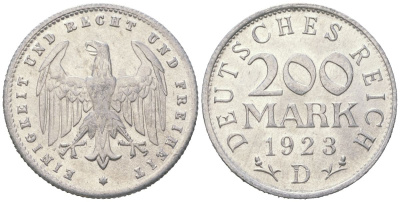 Германия 200 марок 1923 D KM 35 алюминий aUNC 31-854
