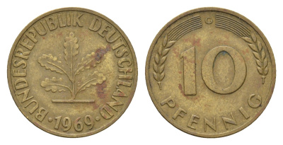 ФРГ 10 пфеннигов 1969 G KM 108, J. 383 сталь плакированная латунью 4618-1156