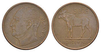 Норвегия 5 эре 1958 Улаф V (1957-1991) KM 405 бронза 4635-552