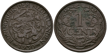 НИДЕРЛАНДЫ 1 ЦЕНТ 1930 ВИЛЬГЕЛЬМИНА (1890-1948) KM 152 бронза 176-656