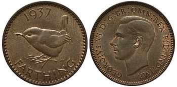Великобритания 1 фартинг 1937 Георг VI (1936-1952) KM 843, Spink 4116 бронза 201-362
