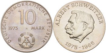 ГДР 10 марок 1975 A, 100 лет со дня рождения Альберта Швейцера, малый герб, гладкий гурт KM 57 серебро 00-820-54