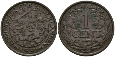 НИДЕРЛАНДЫ 1 ЦЕНТ 1930 ВИЛЬГЕЛЬМИНА (1890-1948) KM 152 бронза 176-656