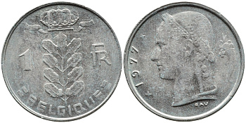 Бельгия 1 франк 1977 Belgique, Бодуэн I (1951-1993) KM 142.1 медно-никель 4391-1255