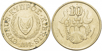 КИПР 10 ЦЕНТОВ 1992 ВАЗА С ПТИЧКАМИ KM 56.3 никель латунь 77-817