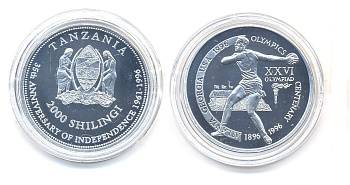 Танзания 2000 шиллингов 1996 XXVI Олимпийские игры 1996 года в Атланте, 100 лет Олимпийскому движению, дискобол, пробник, гладкий гурт алюминий PROOF 06-157-41