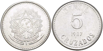 Бразилия 5 крузадо 1987 реформа (1986-1989) KM 606 нержавеющая сталь 31-731