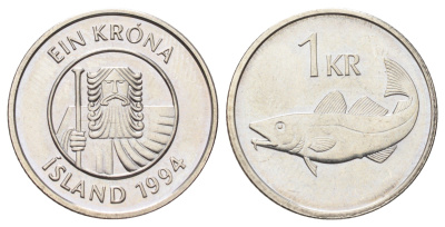 Исландия 1 крона 1994 треска KM 27a сталь плакированная никелем UNC 4666-856
