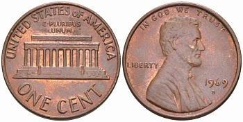 США 1 ЦЕНТ 1969 D, ЛИНКОЛЬН KM 201 медь цинк 105-614