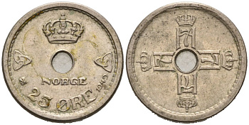 Норвегия 25 эре 1949 KM 384 медно-никель 46-942