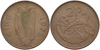 Ирландия 2 пенса 1979 виньетка в виде стилизованной птицы из второй библии Карла II Лысого KM 21 бронза 4144-1011