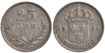 Швеция 25 эре 1934 G, Густав V (1907-1950) KM 785 серебро 4179-847