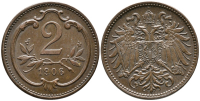 АВСТРИЯ 2 ГЕЛЛЕРА 1906 ФРАНЦ ИОСИФ (1846-1918) KM 2801 бронза 100-525