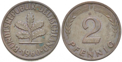 ФРГ 2 ПФЕННИГА 1960 F KM 106, J. 381 бронза 3955-631