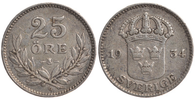 Швеция 25 эре 1934 G, Густав V (1907-1950) KM 785 серебро 4179-847