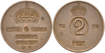 Швеция 2 эре 1953 Густав VI Адольф (1950-1973) KM 821 бронза 190-856