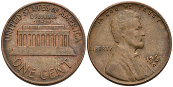 США 1 цент 1961 D, Авраам Линкольн KM 201 медь цинк 4564-354