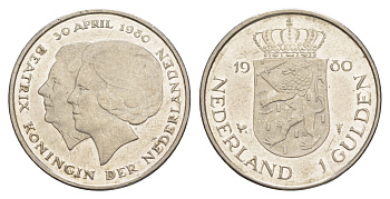 Нидерланды 1 гульден 1980 Коронация Королевы Беатрикс KM 200 никель UNC 4646-943