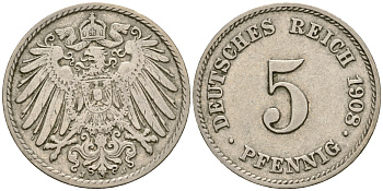 Германия 5 пфеннигов 1908 J KM 11, Jager 12, Weege 6 медно-никель 4364-4542