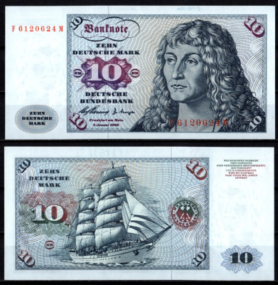 ФРГ 10 марок 1960 Альбрехт Дюрер. Kорабль "Горх Фок" Pick 19 бумага UNC (пресс) 451-1108-2