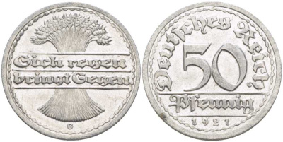 ГЕРМАНИЯ 50 ПФЕННИГОВ 1921 G KM 27, J. 301, Weege 10 алюминий 261-735