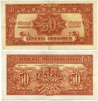 Австрия, Союзные военные власти 50 грошей 1944 Allierte Militaerbehoerde Pick 102 b бумага 3295-6-3-2
