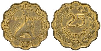 Парагвай 25 сентимо 1953 лев, фригийский колпак на шесте KM 27 алюминиевая бронза aUNC 4619-532