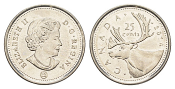 Канада 25 центов 2014 Leaf, Елизавета II (1952-2022), олень KM 2296 сталь плакированная никелем UNC 4631-734