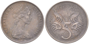 Австралия 5 центов 1966 Елизавета II (1952-2022), ехидна KM 64 медно-никель 4621-1068