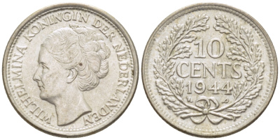 Нидерланды 10 центов 1944 Вильгельмина (1890-1948) KM 163 серебро aUNC 4392-118
