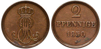 Ганновер 2 пфеннига 1850 B, Эрнст Август (1837-1851) KM 202.1, AKS 124, J. 75 медь 75-1941