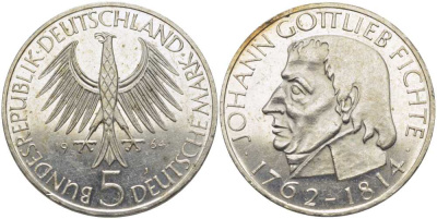 ФРГ 5 марок 1964 J, 150 лет со дня смерти Иоганна Готлиба Фихте J. 393, KM 118.1 серебро 1087-8-44