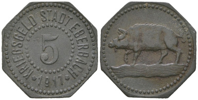 Эбербах 5 пфеннингов 1917 Funck 106.1, Men05 6044.1, Men18 7578.1 цинк 1515-134