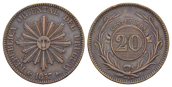 Уругвай 20 сентимо 1857 год-тип KM 9 медь 1519-1231