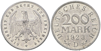 Германия 200 марок 1923 D KM 35 алюминий aUNC 31-136