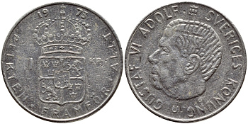 Швеция 1 крона 1973 Густав VI Адольф (1950-1973) KM 826а медь плакированная медно-никелем 4395-255