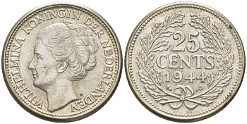 Нидерланды 25 центов 1944 Вильгельмина (1890-1948) KM 164 серебро aUNC 66-1157