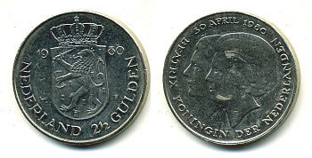 Нидерланды 2 1/2 гульдена 1980 коронация Беатрикс, 30 апреля 1980 KM 201 никель 53-456