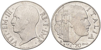 ИТАЛИЯ 20 ЧЕНТЕЗИМО 1941 R, ГОД XIX, ВИКТОР ЭММАНУИЛ III (1900-1946) KM 75b, VEM3. 1028 нержавеющая сталь 3853-1136
