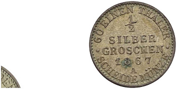 ПРУССИЯ 1/2 ГРОША 1867 А, ВИЛЬГЕЛЬМ I (1861-1888) KM 484 серебро 116-1242