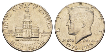 США 1/2 доллара (50 центов) 1976 D, 200 лет независимости, Джон Кеннеди KM 205 медь плакированная медно-никелем aUNC 4545-741