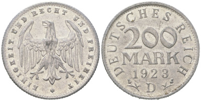 Германия 200 марок 1923 D KM 35 алюминий aUNC 31-136